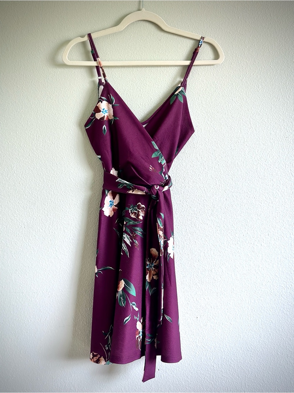 Burgundy Floral V-Neck Spaghetti Strap Adjustable Wrap Fit & Flare Dress - Picture 3 of 7